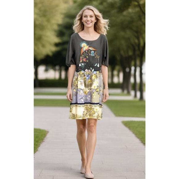 Johnny Was Embroidered Silk Bird Floral Mini Dress Women’s Size S Gray Yellow - Picture 1 of 12